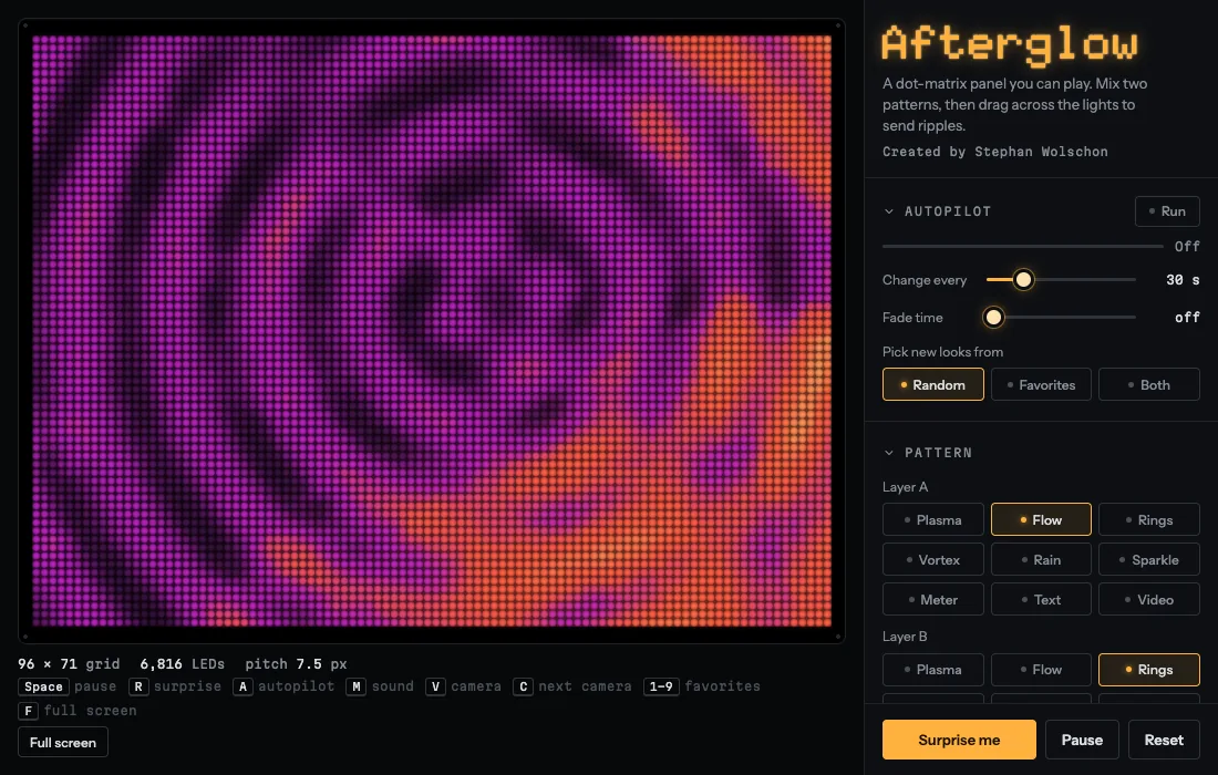 The Afterglow panel in its default look: thousands of small round lights in magenta, orange and gold forming slow flowing shapes, beside a sidebar of autopilot and pattern controls.