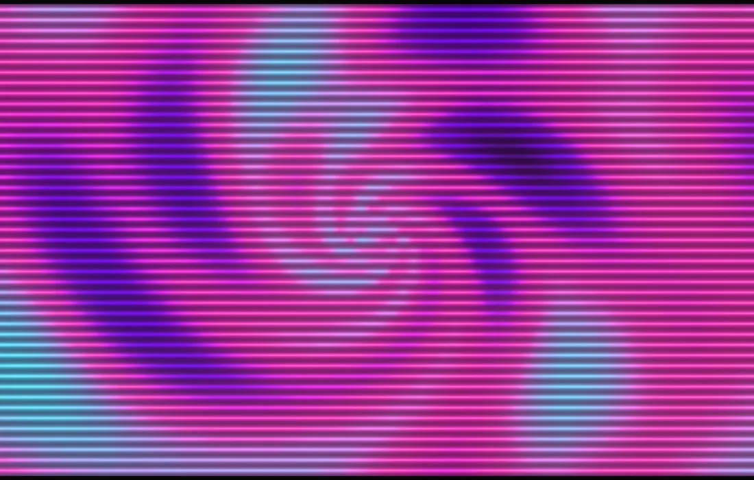 Full screen in the Neon panel type: rows of glowing tubes in pink, violet and cyan tracing a spiral.
