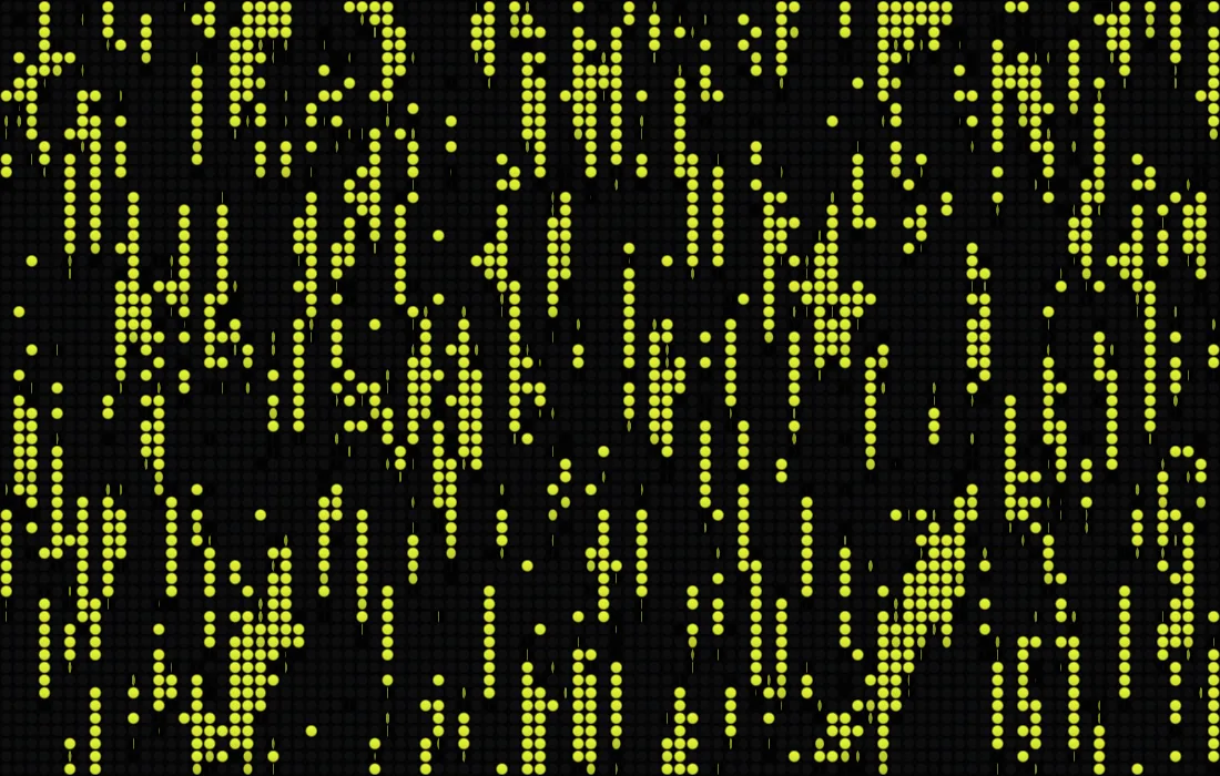 Full screen in the Flip-dot panel type: yellow discs on a black board falling in vertical streaks like rain, some caught mid-flip.
