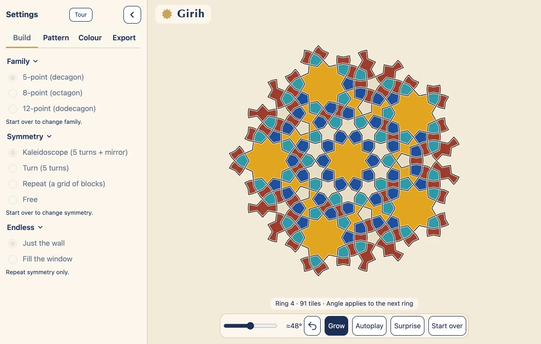 A ten-fold girih pattern in gold, blue and rust grown four rings out from the centre decagon, beside the Build tab listing the five-, eight- and twelve-point families.
