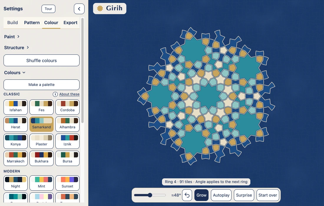 The Colour tab listing palettes by the craft they come from, Samarkand lit as the one in use, beside a wall wearing it on a deep blue ground covered in fine crazing.