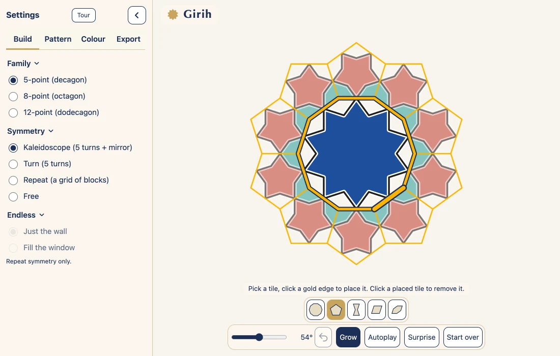 A pentagon picked from the tile tray, ten gold edges lit around the centre decagon, and the pentagon drawn faintly in all ten places it could go at once.