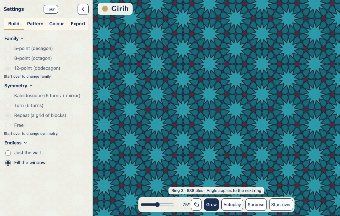 Twelve-point stars in teal and plum repeating edge to edge across the whole window, with Repeat and Fill the window chosen in the Build tab.