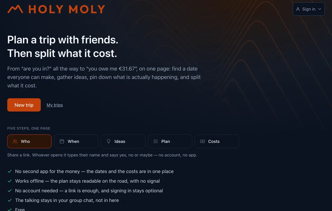 The landing page in dark mode: the wordmark over a contour-line background, the promise 
