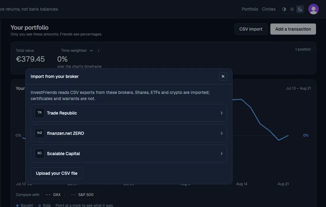 An import dialog listing Trade Republic, finanzen.net ZERO and Scalable Capital, each with step-by-step instructions behind it.