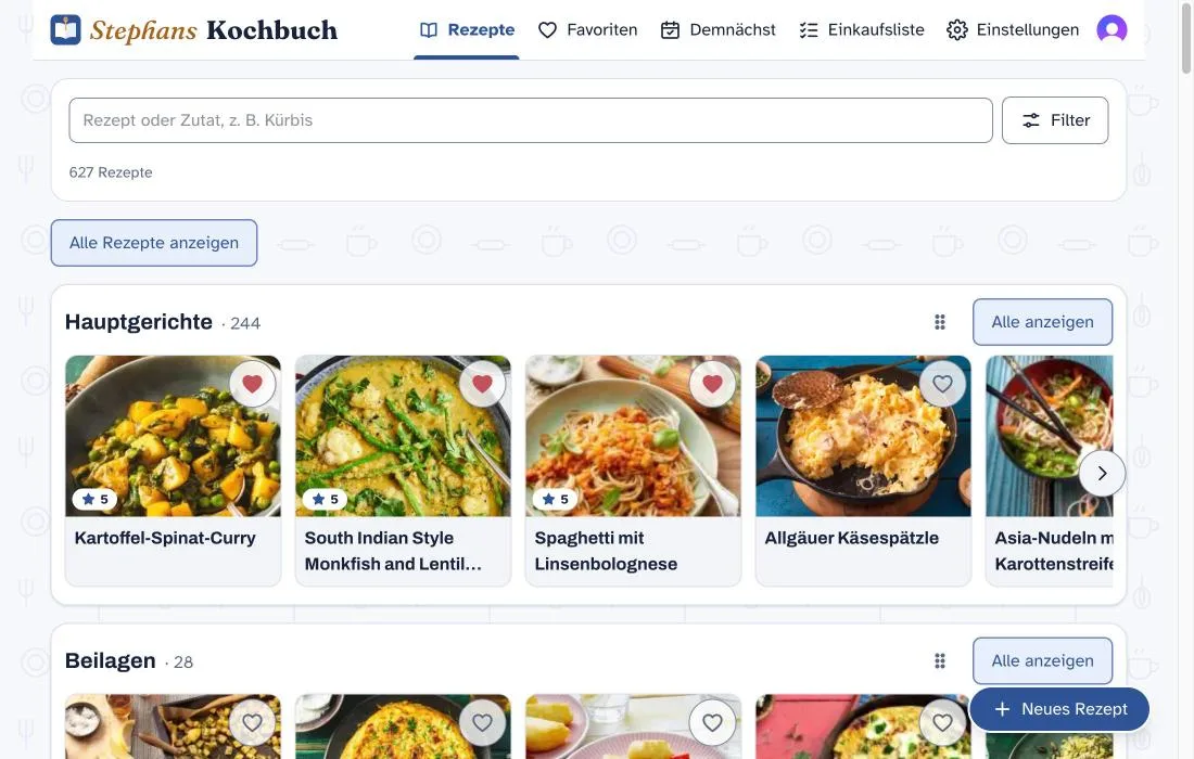 The start page of Stephans Kochbuch: a search field above 627 recipes, then a row of Hauptgerichte and one of Beilagen, each card with a photo, a title, a heart and, where rated, five stars.
