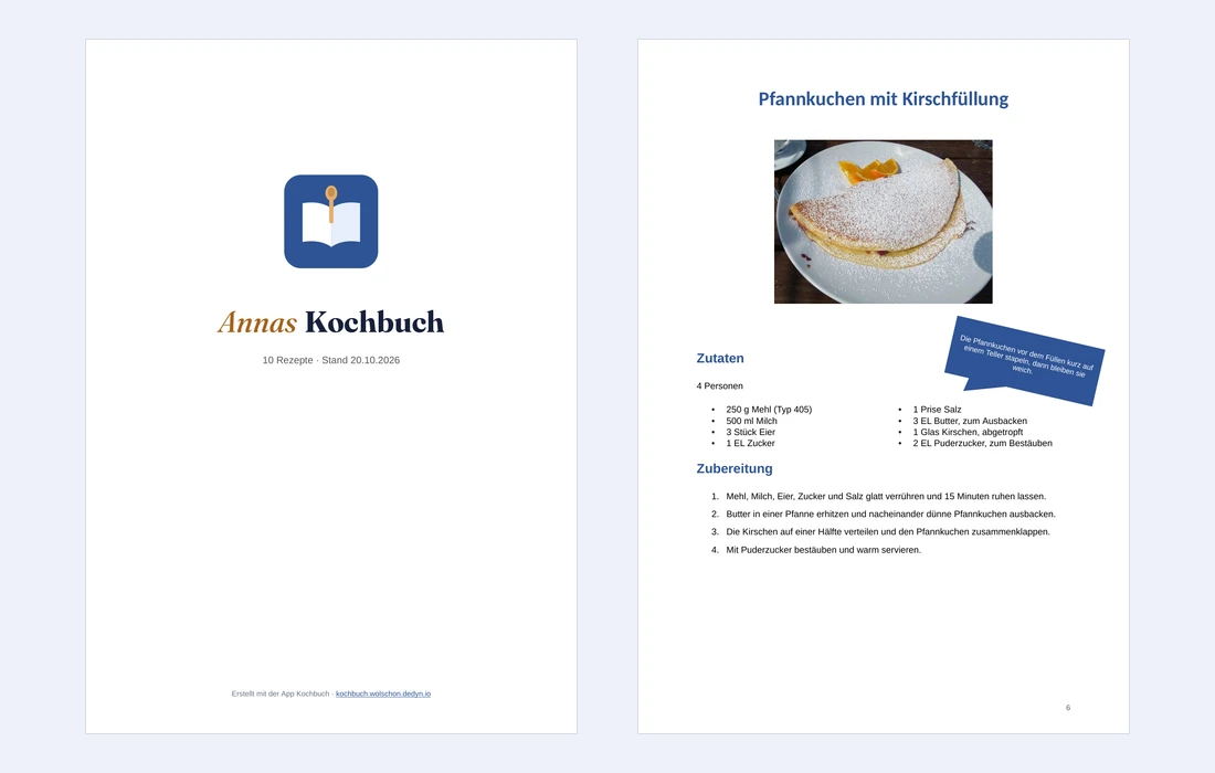 A title page reading Annas Kochbuch and a recipe page with a photo, a two-column ingredient list, a blue speech bubble with a note and numbered steps.