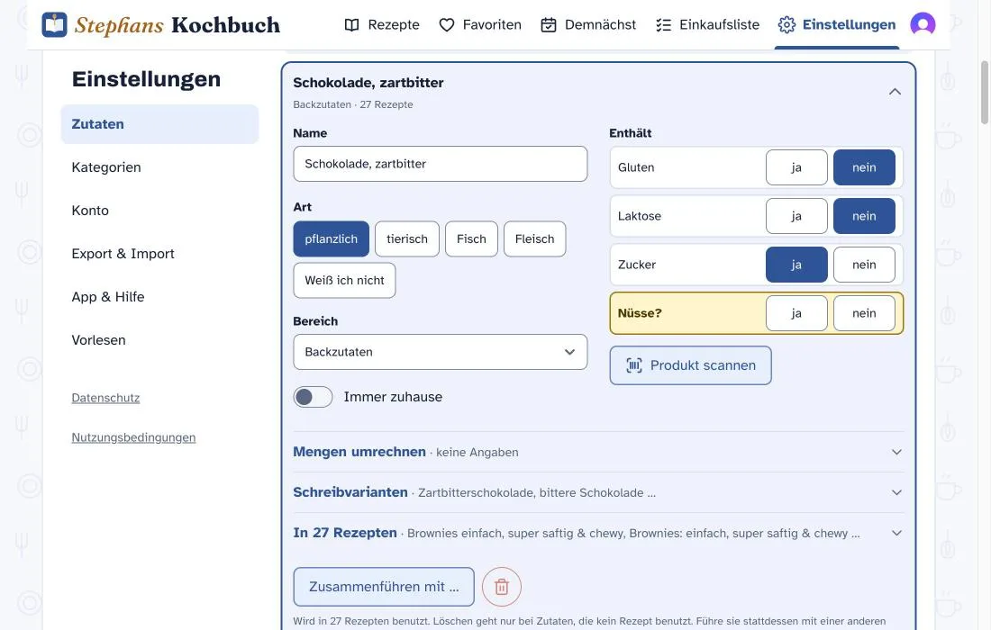 The ingredient editor for dark chocolate in Settings: gluten no, lactose no, sugar yes, nuts highlighted as still open, a Produkt scannen button, and at the bottom a Zusammenf&uuml;hren mit button beside a delete button.