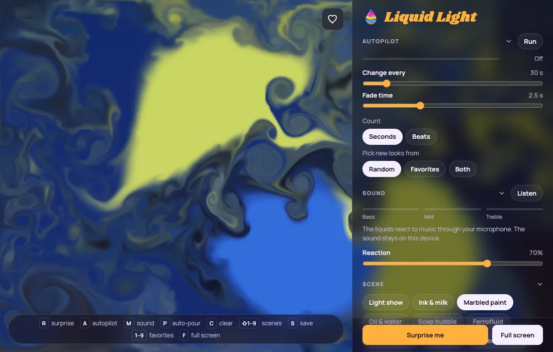 Marbled paint in blue, cream and orange swirling across the screen, beside a see-through settings panel with Autopilot, Sound and Reaction controls.