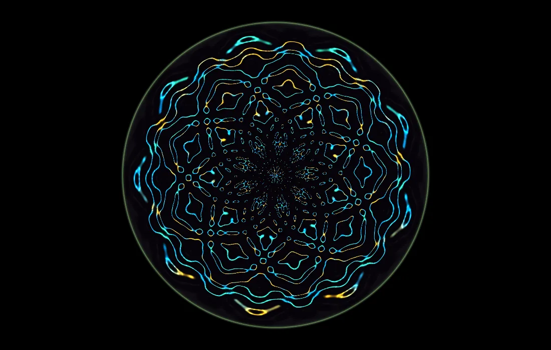 A round dish of dark water in full screen, its standing waves drawn as a many-petalled figure in cyan and gold by a ring of lamps above.
