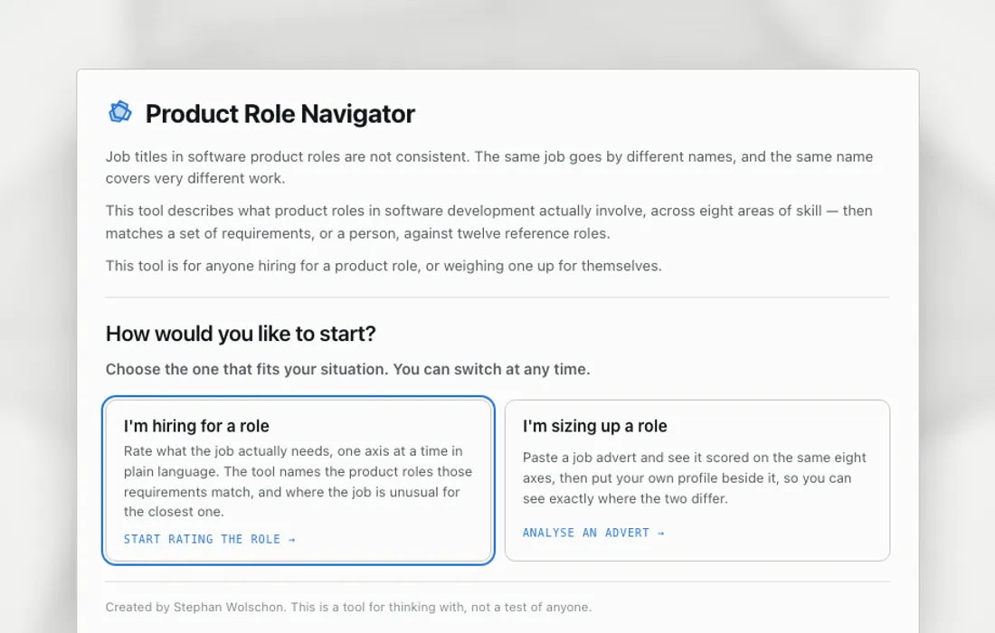 The opening screen, offering to rate a role you are hiring for or to analyse a job advert.