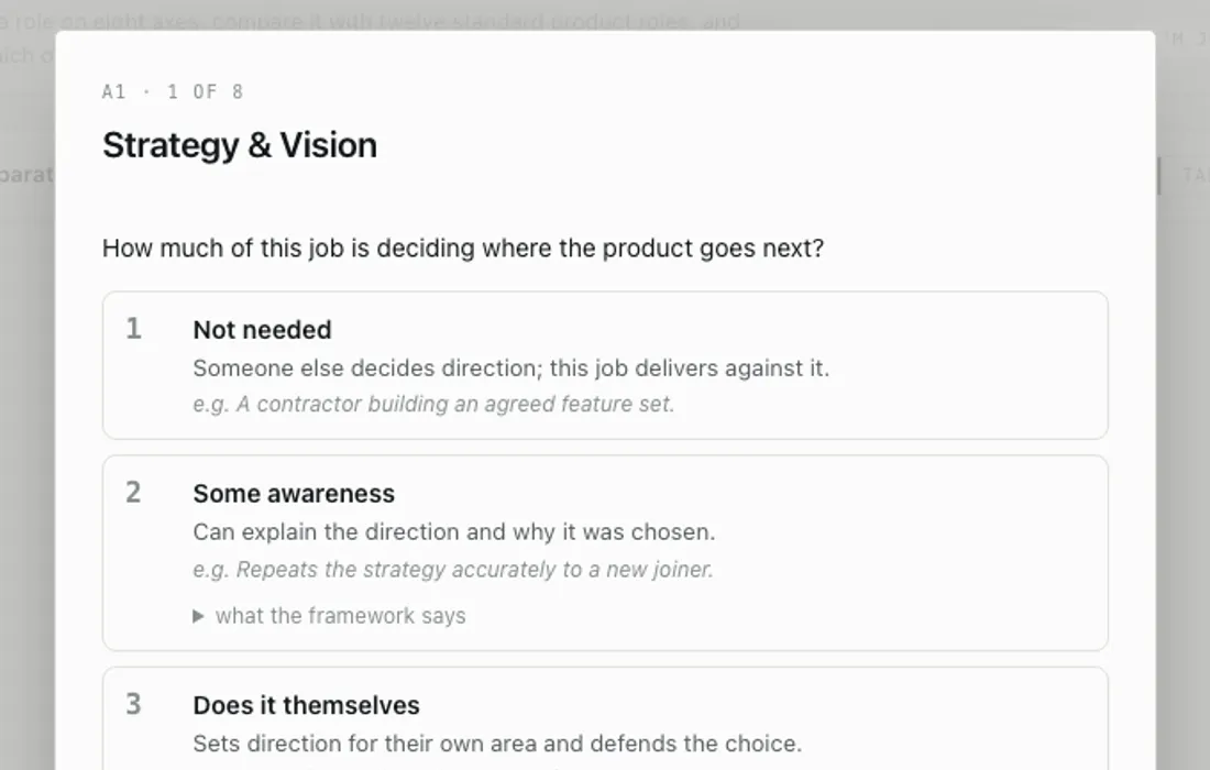 A rating question about strategy and vision, with five described levels and a link to what the framework says about each.